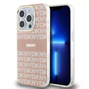 DKNY DKHMP15LHRHSEP Capa rígida para iPhone 15 Pro, 6,1 inch, rosa, padrão Mono & Stripe, MagSafe