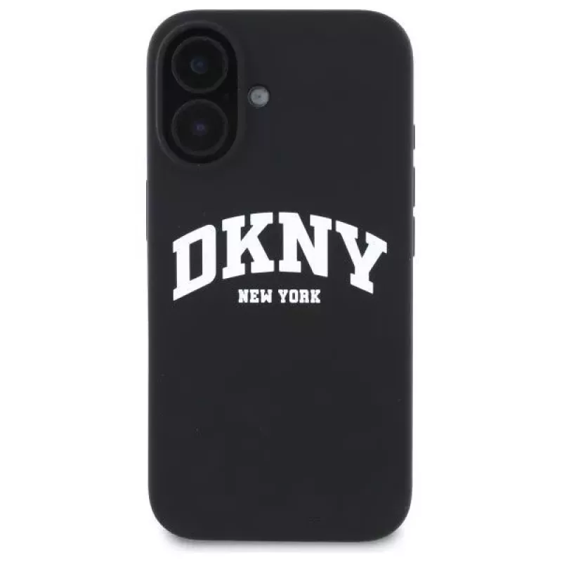 DKNY DKHMP16SSNYACH Capa rígida para Apple iPhone 16 6,1 polegadas preto silicone com logótipo impresso branco MagSafe