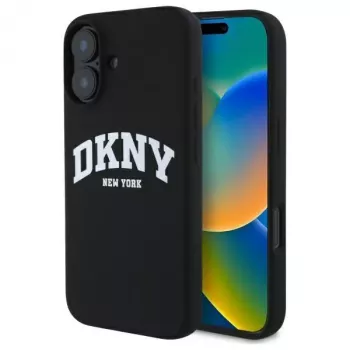 DKNY DKHMP16SSNYACH Capa rígida para Apple iPhone 16 6,1 polegadas preto silicone com logótipo impresso branco MagSafe