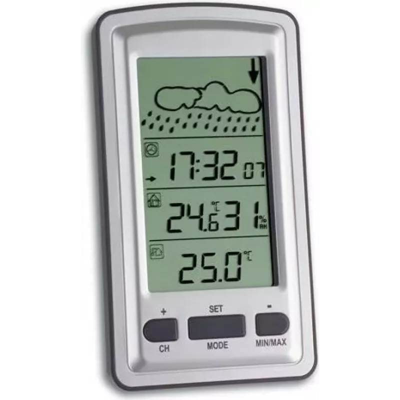 TFA 35.1079 Estação meteorológica Axis com hora controlada por rádio DCF-77, LCD monocromático, sensor exterior sem fios 433 MHz, temperatura e humidade, previsão do tempo, fase da lua, despertador com função soneca, retroiluminação, para montagem na parede