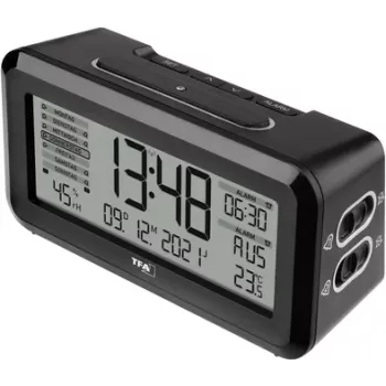 TFA 60.2562.01 Despertador digital com rádio e clima ambiente BOXX2, preto/prateado