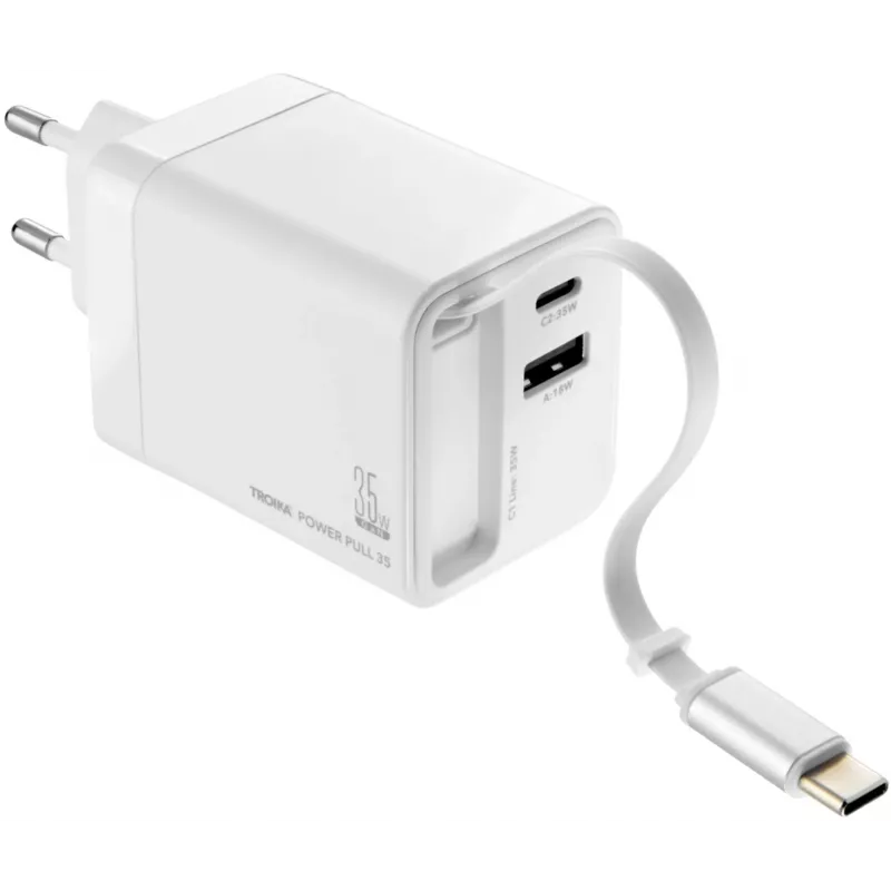 TROIKA POWER PULL 35 Carregador de automóvel 35W USB-C PD e USB-A QC 3.0 branco (CHA35/WH)