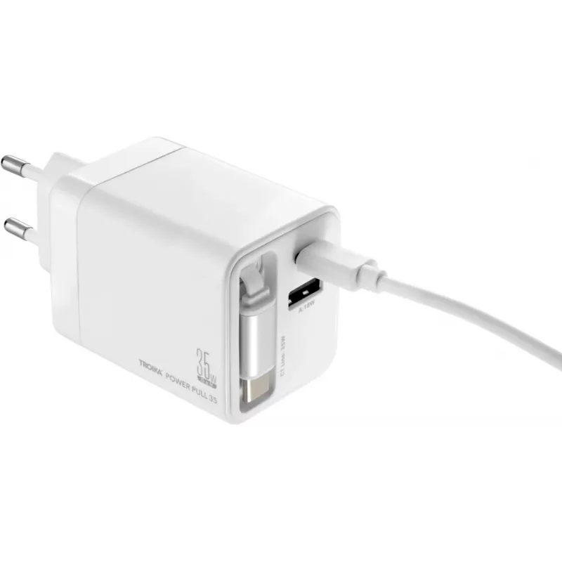 TROIKA POWER PULL 35 Carregador de automóvel 35W USB-C PD e USB-A QC 3.0 branco (CHA35/WH)