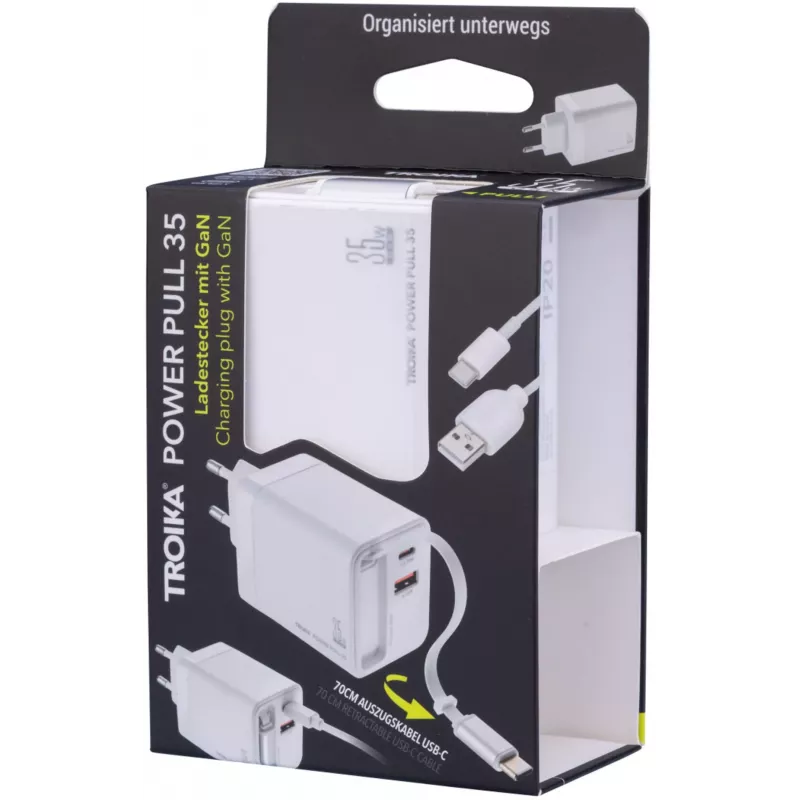TROIKA POWER PULL 35 Carregador de automóvel 35W USB-C PD e USB-A QC 3.0 branco (CHA35/WH)