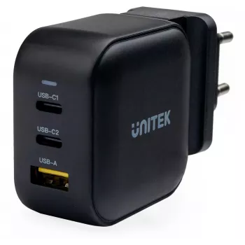 Carregador UNITEK GaN 66W 3 portas USB-C PD & QC 3.0 preto