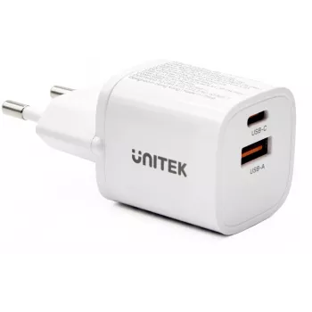 Fonte de alimentação UNITEK 33W USB-A USB-C branca