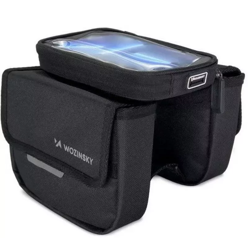 Bolsa universal de quadro de bicicleta Wozinsky ILIKE com suporte para telemóvel impermeável 1,5L preto (WBB26BK)