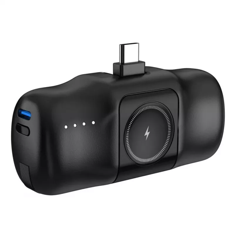 Powerbank mini Wozinsky WF16-YCS 5000mAh 15W USB-C com cabo USB-C integrado e carregador para Apple Watch - preto