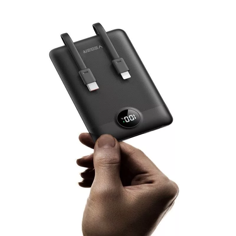 Powerbank VEGER C11 (W1170) PD QC3.0 22,5 W 10000 mAh com cabos USB-C e Lightning integrados, preto
