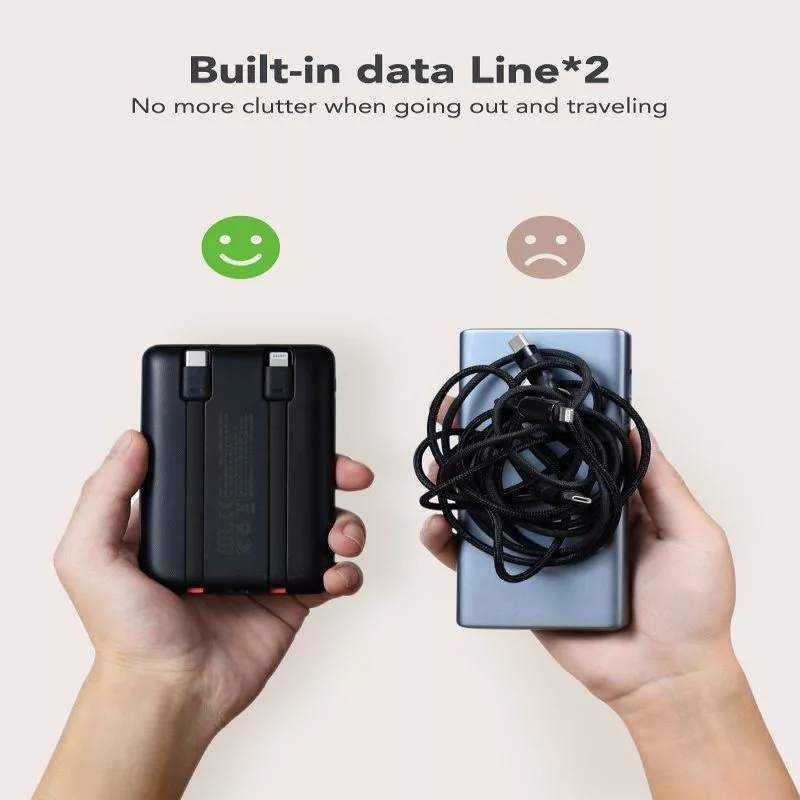 Powerbank VEGER C11 (W1170) PD QC3.0 22,5 W 10000 mAh com cabos USB-C e Lightning integrados, preto