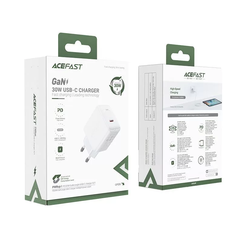 ACEFAST Carregador GaN USB-C 30W PD QC 3.0 AFC FCP Branco (A21)