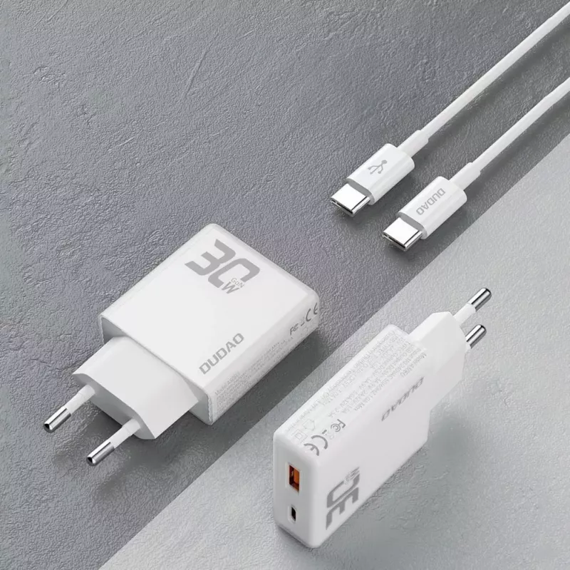 Dudao A30EU Carregador de parede GaN 30W USB-C USB-A com cabo USB-C para USB-C 1m Branco