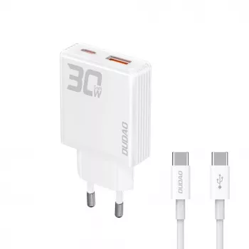 Dudao A30EU Carregador de parede GaN 30W USB-C USB-A com cabo USB-C para USB-C 1m Branco