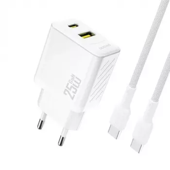 Dudao A26TCEU Carregador de parede PD QC 25W GaN USB-A USB-C com cabo USB-C Branco