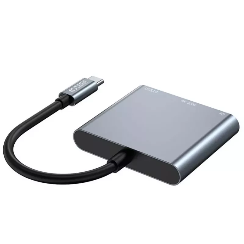 Adaptador hub USB-C 3 em 1 Tech-Protect V1 - USB-A 3.0, USB-C PD 100W, HDMI 4K 30Hz - cinzento