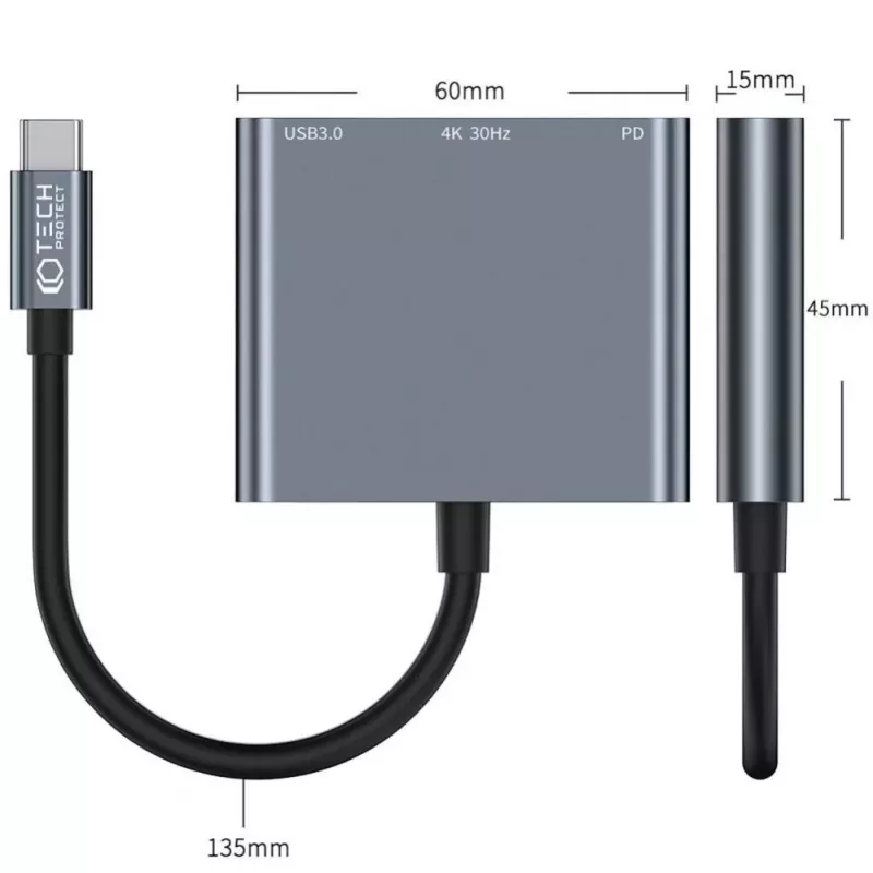 Adaptador hub USB-C 3 em 1 Tech-Protect V1 - USB-A 3.0, USB-C PD 100W, HDMI 4K 30Hz - cinzento