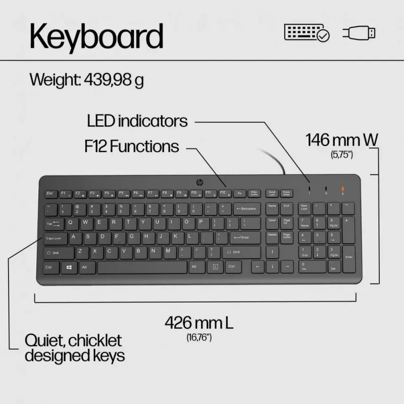 Conjunto de Rato e Teclado com Fio HP 150 - Preto - QWERTY Inglês Layout US