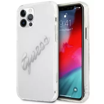 Guess Apple iPhone 12 Pro Max 6,7 Capa Rígida Vintage Script Prateada Transparente