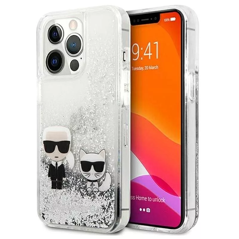 Karl Lagerfeld Apple iPhone 13 Pro Capa Liquid Glitter Choupette prateada