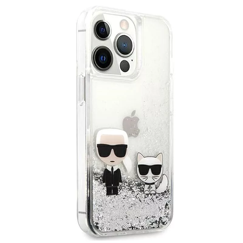 Karl Lagerfeld Apple iPhone 13 Pro Capa Liquid Glitter Choupette prateada