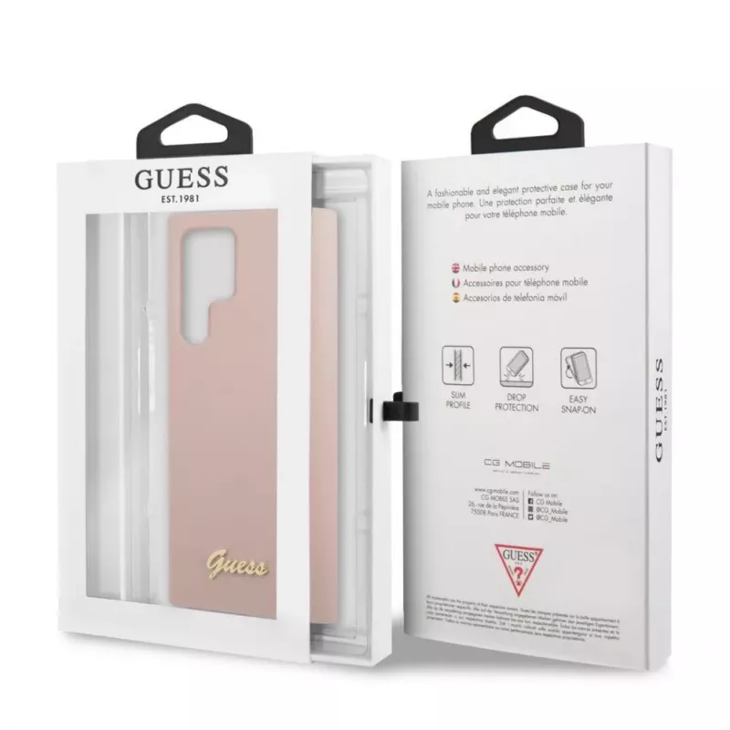 Guess Samsung Galaxy S22 Ultra Capa de silicone Metal Logo rosa