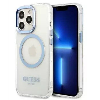 Guess Apple iPhone 13 Pro Max 6,7 polegadas Capa rígida Metal Outline Magsafe transparente azul