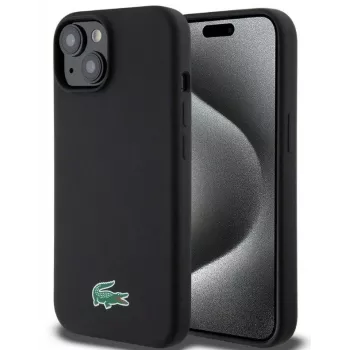 Lacoste Apple iPhone 15 6,1 polegadas Capa Traseira de Silicone Líquido Microfibra Croc Logo Magsafe preta