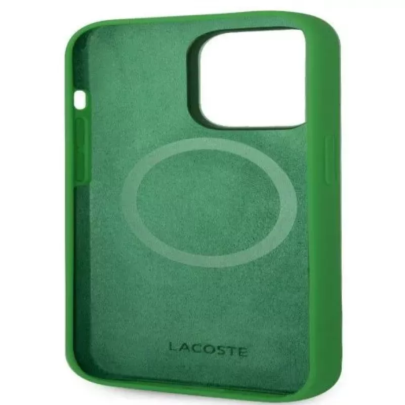 Lacoste Apple iPhone 15 6,1 Capa Traseira de Silicone Líquido Microfibra Croc Logo Magsafe verde
