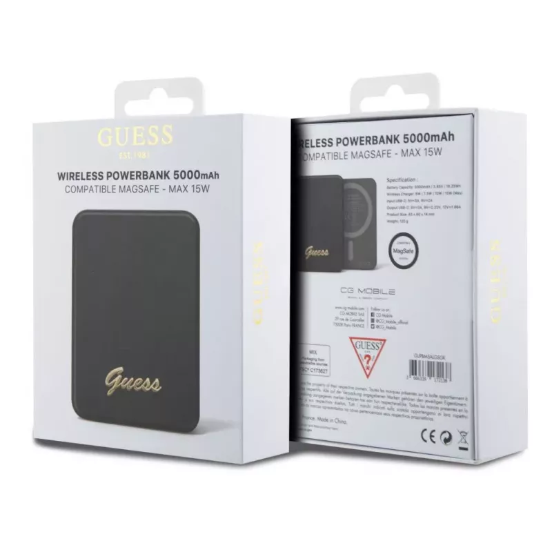 Guess Power Bank 5000mAh 15W MagSafe e carregamento normal com Metal Script Logo preta