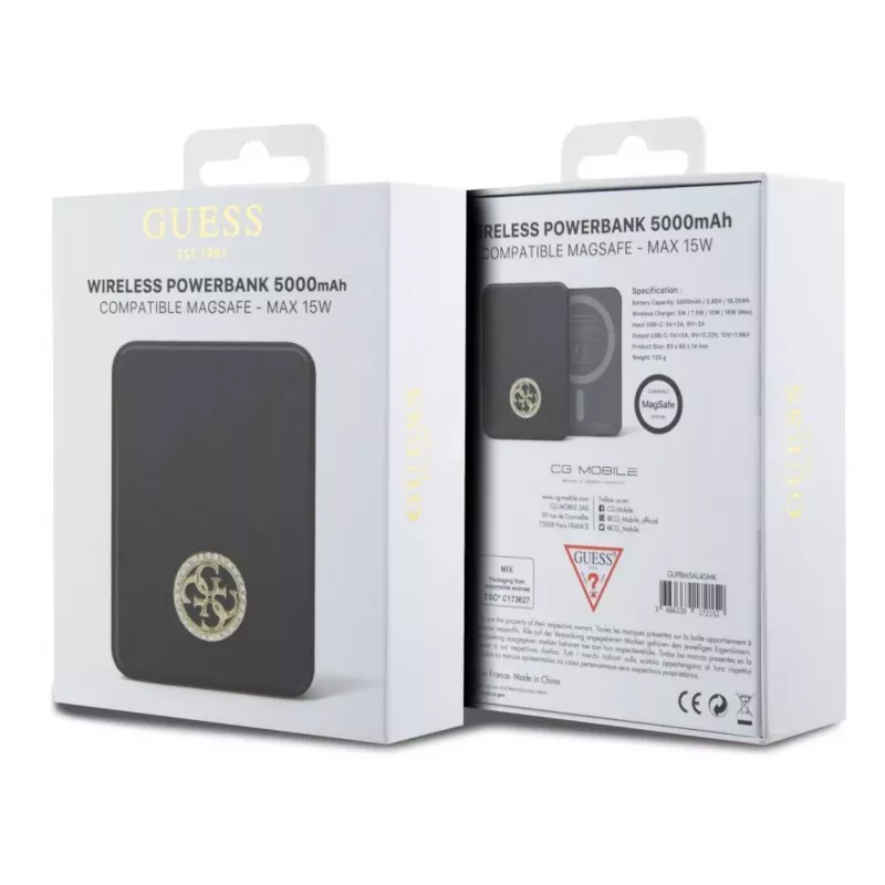 Guess Power Bank 5000mAh 15W MagSafe e carregamento normal com Strassed 4G Logo preta
