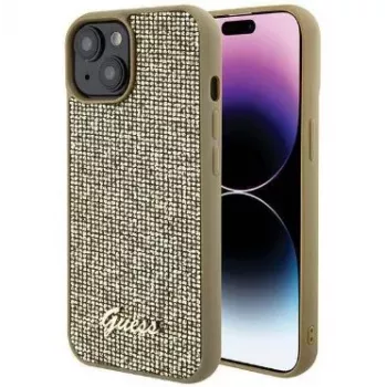 Guess Apple iPhone 15 Capa Traseira HC PU Disco Script Metal dourada