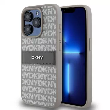 DKNY Capa PU Leather Repeat Pattern Tonal Stripe para iPhone 15 Pro bege