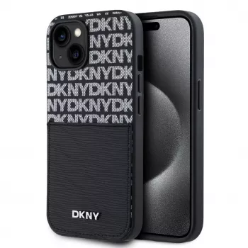 DKNY Capa PU Leather Repeat Pattern com bolso para cartão para iPhone 14 preto