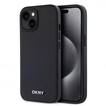 DKNY Capa PU Leather Silver Metal Logo Magsafe para iPhone 15 preto