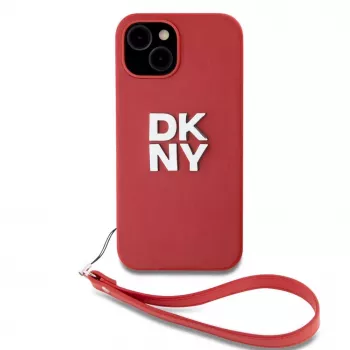 DKNY Capa PU Leather Stack Logo com alça de pulso para iPhone 15 vermelho