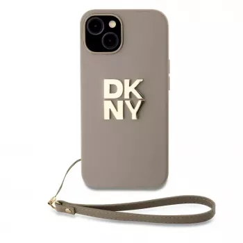 DKNY Capa PU Leather Stack Logo com alça de pulso para iPhone 15 bege