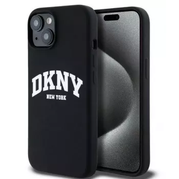 DKNY Apple iPhone 15 Capa Rígida Liquid Silicone White Printed Logo MagSafe Preta