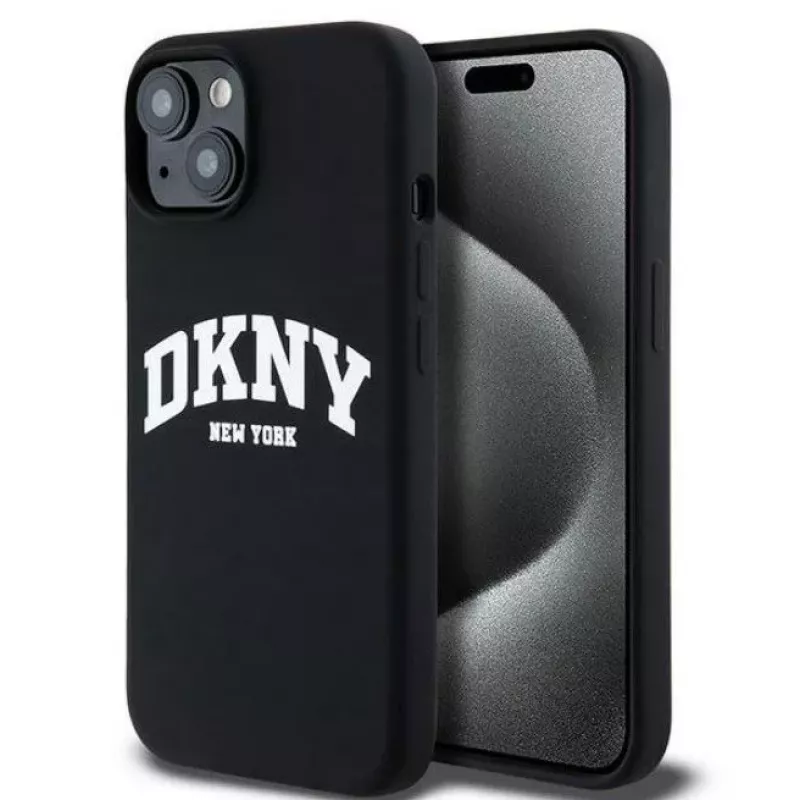 DKNY Apple iPhone 15 Capa Rígida Liquid Silicone White Printed Logo MagSafe Preta