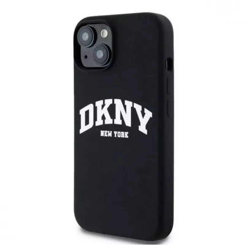 DKNY Apple iPhone 15 Capa Rígida Liquid Silicone White Printed Logo MagSafe Preta
