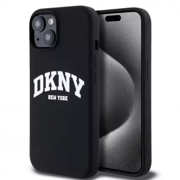 DKNY Apple iPhone 15 Capa Rígida Liquid Silicone White Printed Logo MagSafe Preta