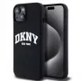 DKNY Apple iPhone 15 Capa Rígida Liquid Silicone White Printed Logo MagSafe Preta