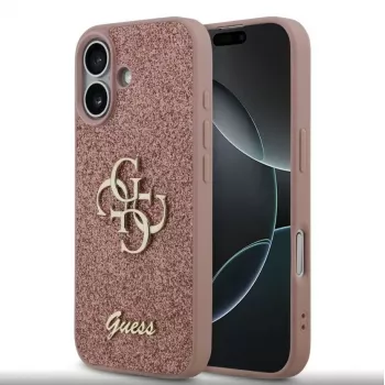 Guess Capa PU Fixed Glitter 4G Metal Logo para iPhone 17, rosa