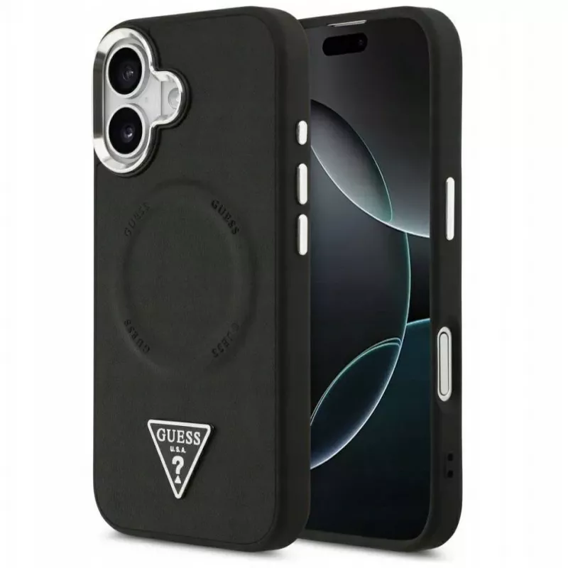 Guess Capa MagSafe PU Leather Triangle Logo para Apple iPhone 17 preto