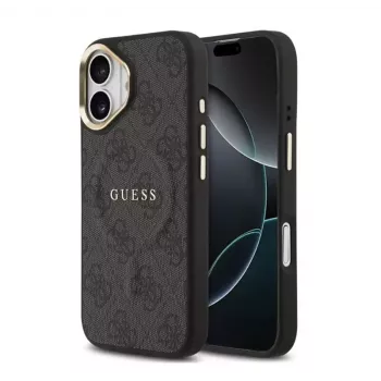 Guess Capa MagSafe PU Leather 4G Goldrahmen para Apple iPhone 17 preto