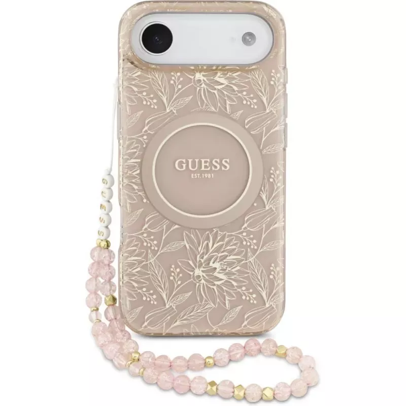 Guess Capa de silicone com MagSafe Flowers Allover com fita de pérolas para Apple iPhone 17 Air rosa