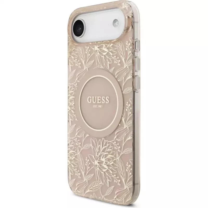 Guess Capa de silicone com MagSafe Flowers Allover com fita de pérolas para Apple iPhone 17 Air rosa