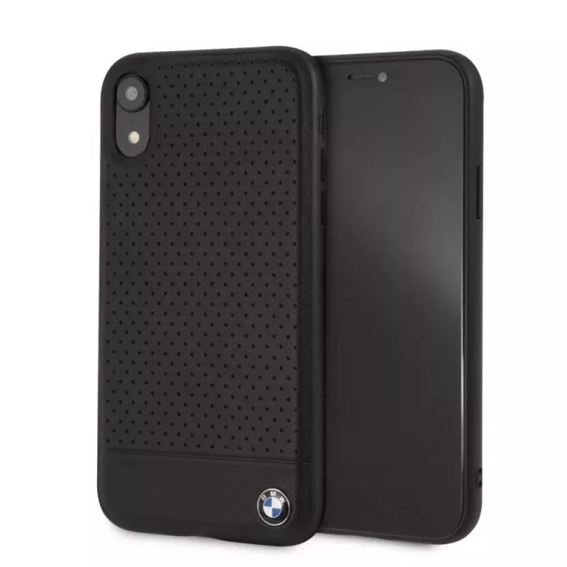 Capa rígida em pele perfurada BMW para Apple iPhone XR, preta