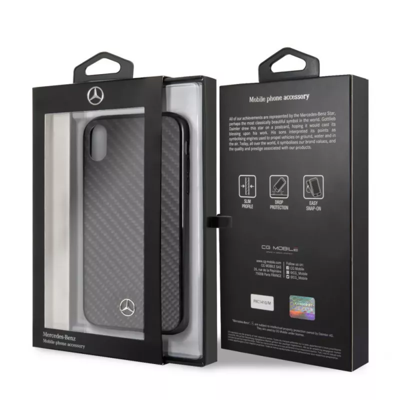 Capa rígida Mercedes-Benz em fibra de carbono verdadeira para Apple iPhone XR, preta