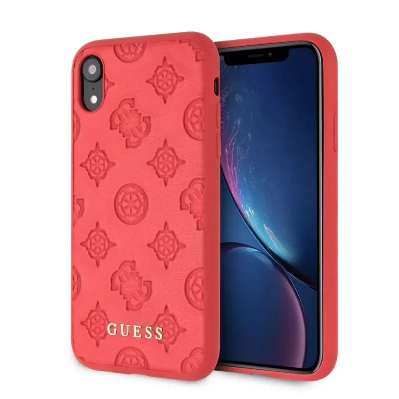 Capa rígida em pele PU Debossed Guess para Apple iPhone XR, vermelho peónia