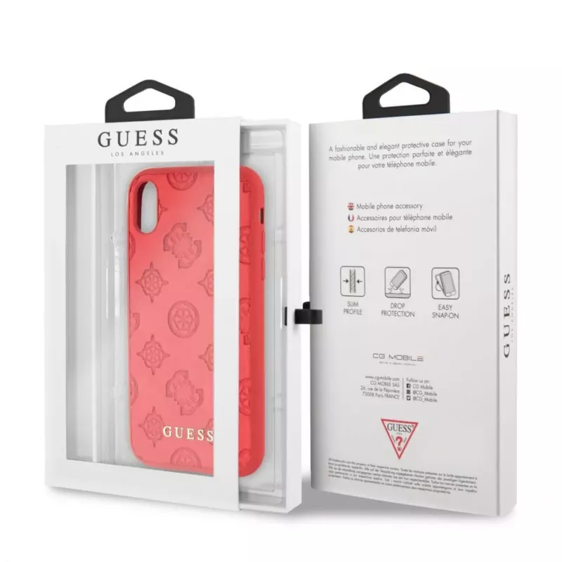Capa rígida em pele PU Debossed Guess para Apple iPhone XR, vermelho peónia
